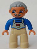 LEGO 47394pb011a Duplo Figure Lego Ville, Male, Tan Legs, Blue Top with White Overall Bib, Light Bluish Gray Hair