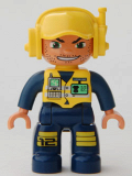 LEGO 47394pb069 Duplo Figure Lego Ville, Male, Dark Blue Legs & Jumpsuit with Yellow Vest, Radio, ID Badge, Yellow Cap with Headset, Wide Smile