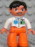 LEGO 47394pb080 Duplo Figure Lego Ville, Male Medic, Orange Legs, White Top with ID Badge and EMT Star of Life Pattern, Black Hair, Blue Eyes, Moustache