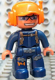 LEGO 47394pb082 Duplo Figure Lego Ville, Male, Dark Blue Legs & Jumpsuit with Straps, Orange Cap with Headset
